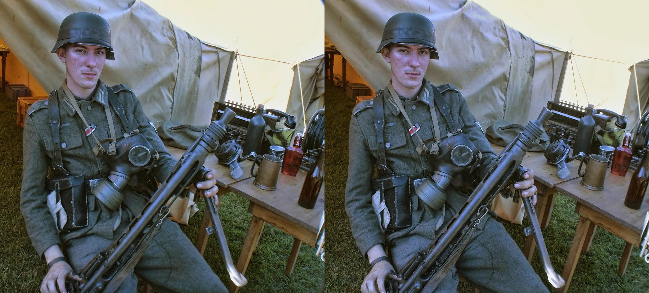 Collings Foundation WORLD WAR II Re-enactment German w Gas Mask & Machine Gun