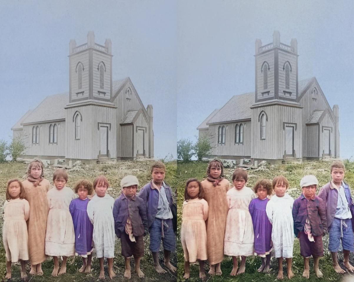 Children in front of Olds St Faiths church, Ohinemutu Rotorua. Circa 1910. (Original title and date unknown)