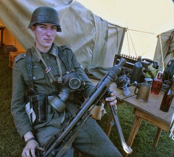 Collings Foundation WORLD WAR II Re-enactment German w Gas Mask & Machine Gun