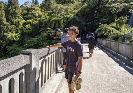 Kaito on the 'Bridge to nowhere', Whanganui River Canoe trip 2024