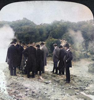 'H.R.H. the Prince of Wales studying the geysers at Whakarewarewa, the wonderland of New Zealand' 1904*