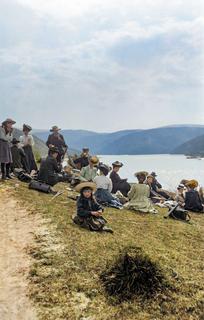 Group overlooking a body of water, 1880-1925, New Zealand