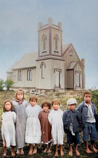 Rotorua - Children in front of Olds St Faiths church, Ohinemutu. Circa 1910. (Original title and date unknown)